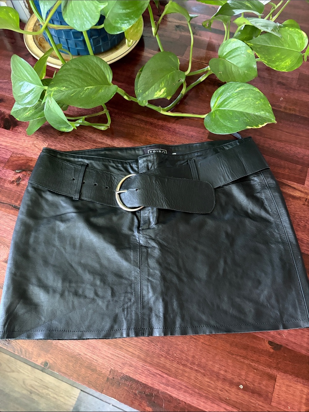 Black Faux Leather Mini Skirt with Wide Belt